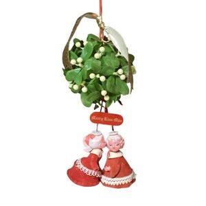Vintage Kurt Adler Mistletoe Hanging Ball With Kissing Boy And Girl Flocked